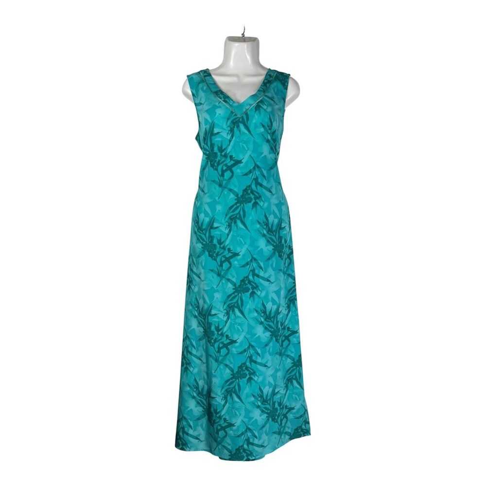 Norton McNaughton Teal Floral Sleeveless Maxi Dress Large VTG Tropical Beach Y2K
